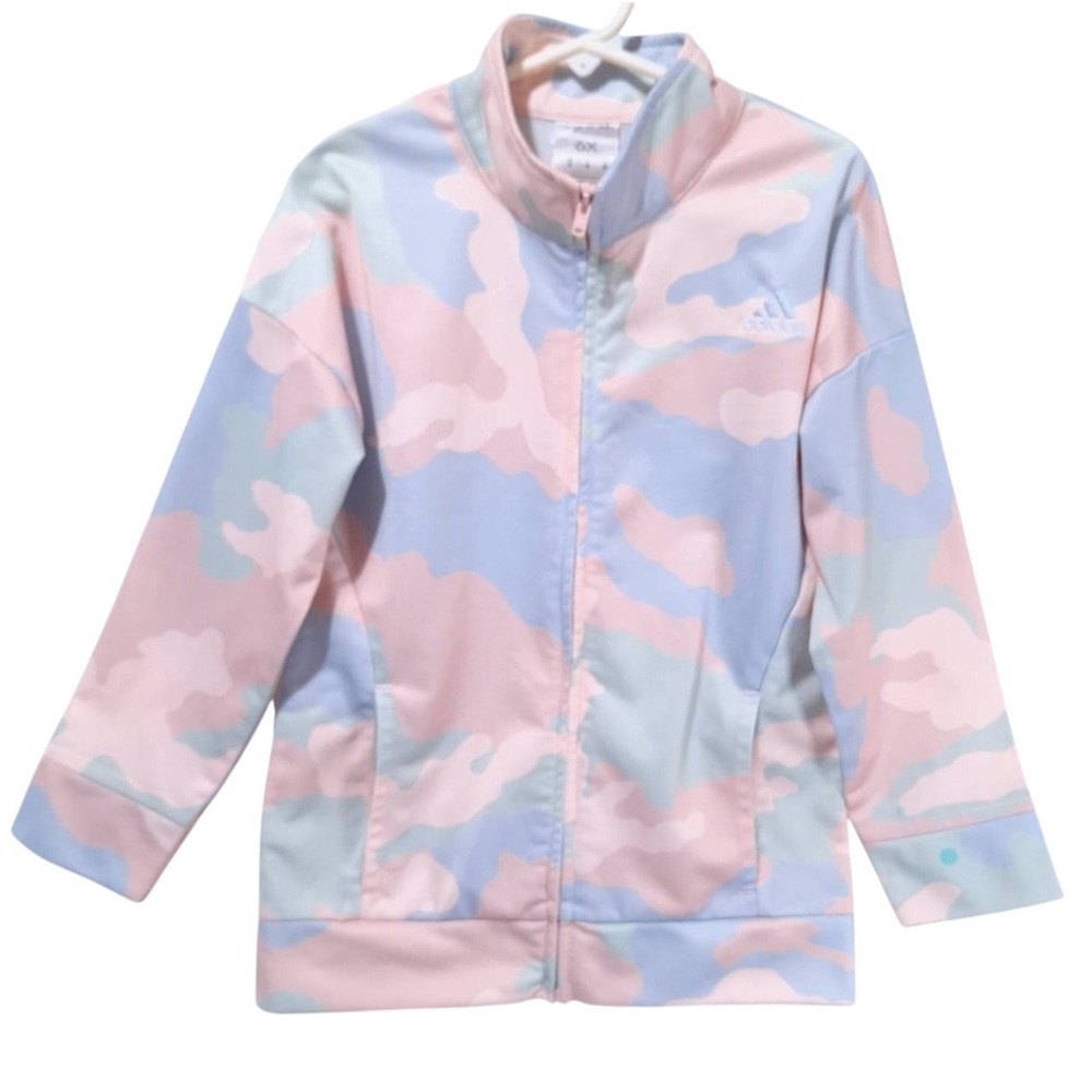 Adidas Pastel Camo Track Jacket Kids 6X Girl Activewear Full Zip Pink Blue Y2K